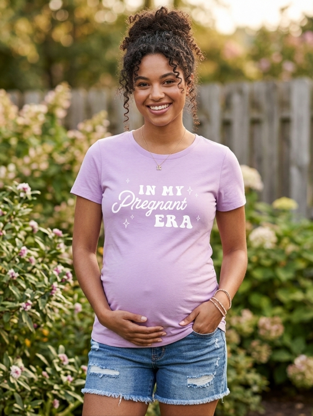 New Maternity T-shirt Size L Time & Tru Purple IN MY PREGNANT ERA S/S Round Neck